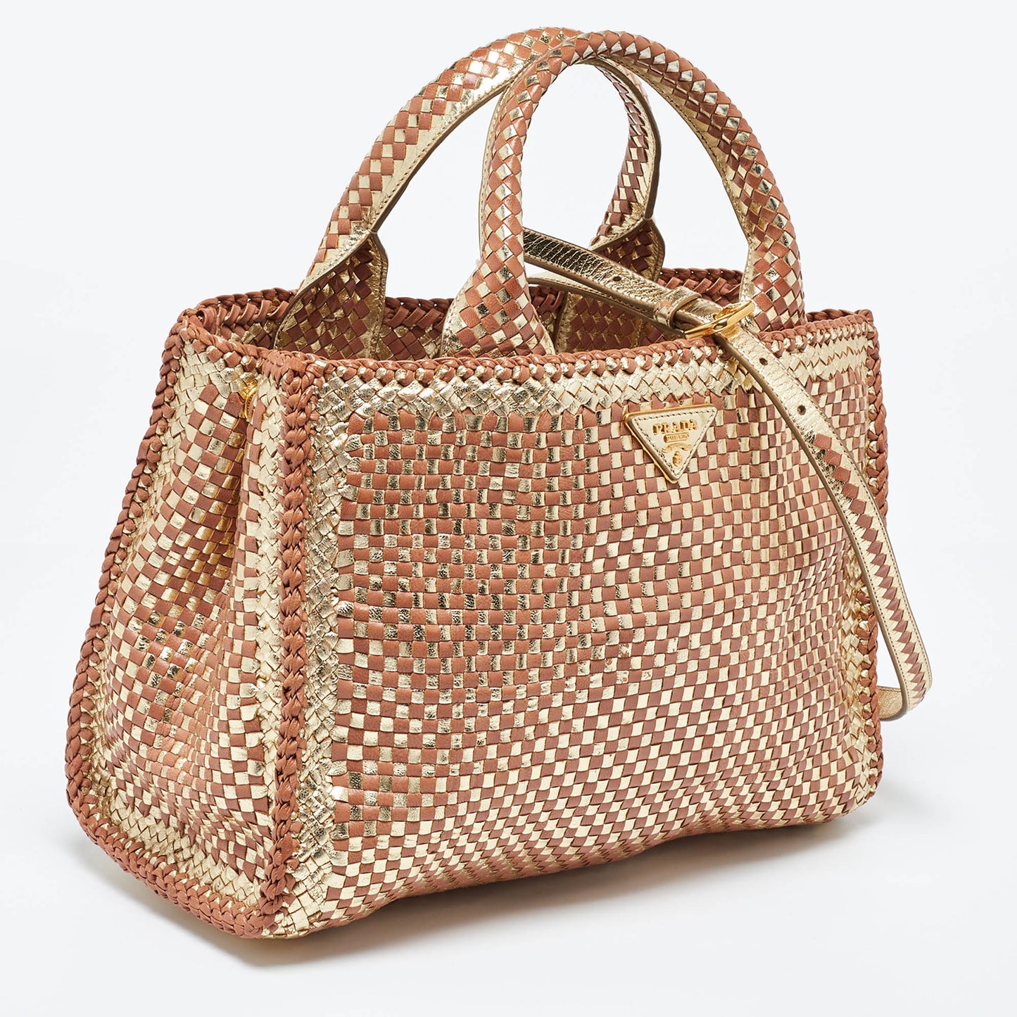 PRADA Gold/Brown Woven Madras Leather Snap Tote