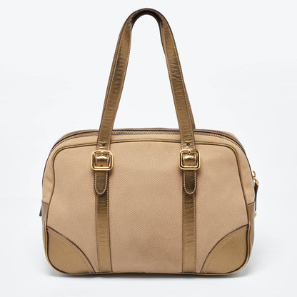 PRADA Metallic/Beige Canvas and Leather Zip Bowler Bag