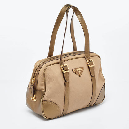 PRADA Metallic/Beige Canvas and Leather Zip Bowler Bag