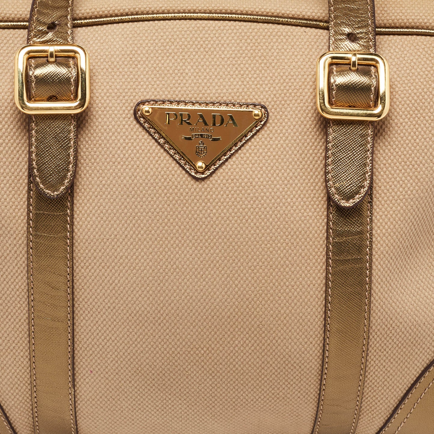 PRADA Metallic/Beige Canvas and Leather Zip Bowler Bag