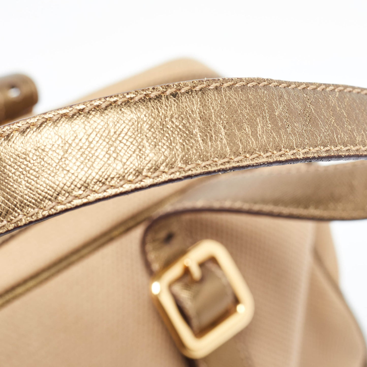 PRADA Metallic/Beige Canvas and Leather Zip Bowler Bag