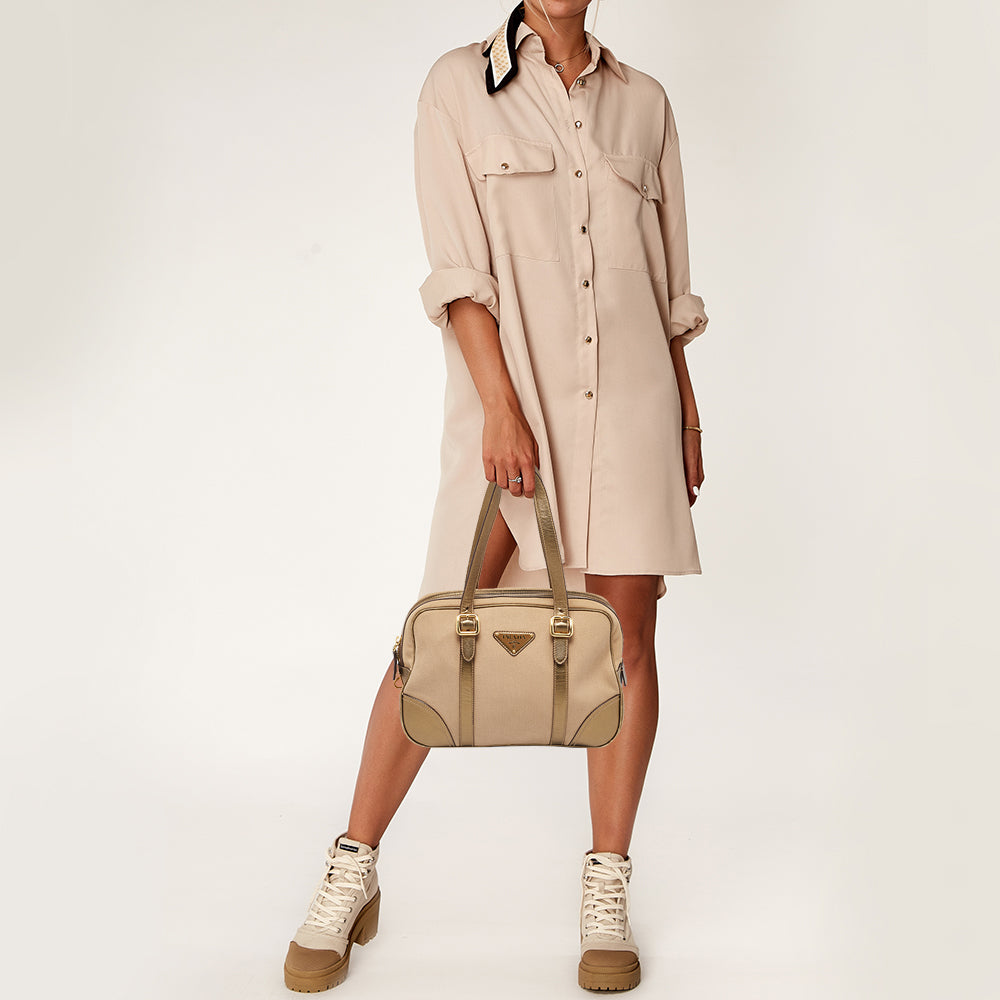 PRADA Metallic/Beige Canvas and Leather Zip Bowler Bag