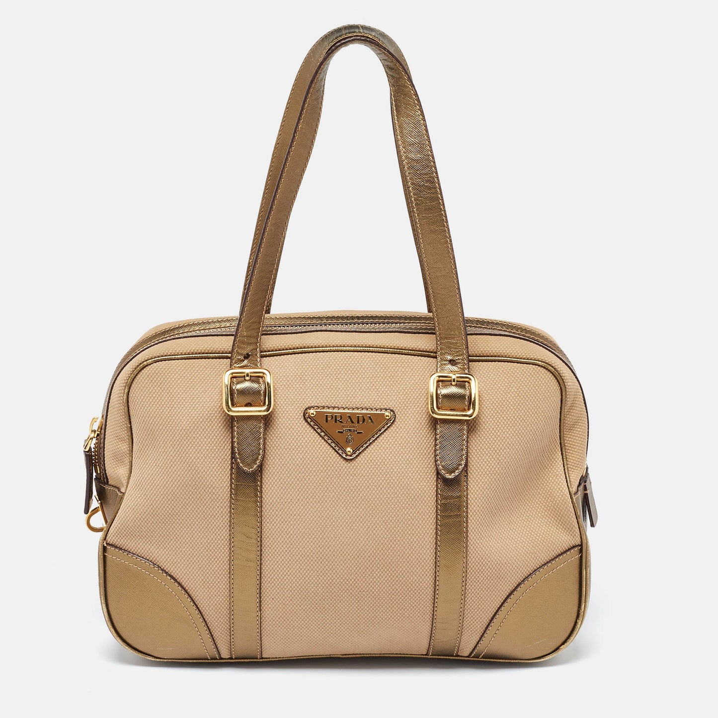 PRADA Metallic/Beige Canvas and Leather Zip Bowler Bag