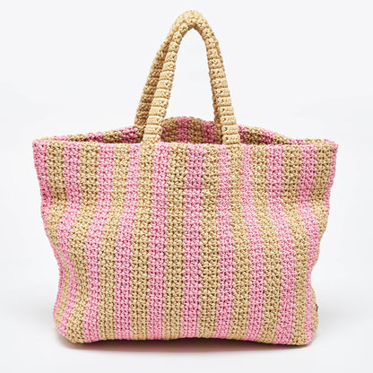 PRADA Pink/Beige Stripe Raffia Logo Tote