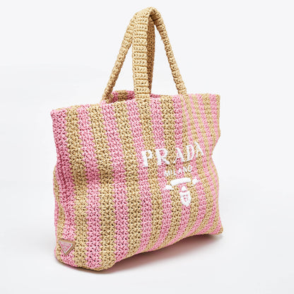 PRADA Pink/Beige Stripe Raffia Logo Tote