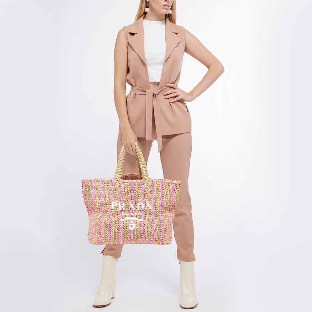 PRADA Pink/Beige Stripe Raffia Logo Tote