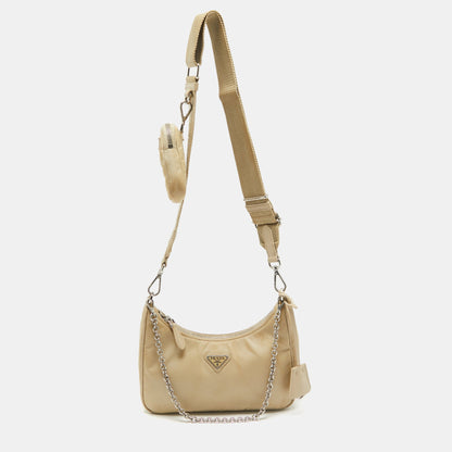 PRADA Cream Nylon and Leather Re-Edition 2005 Baguette Bag