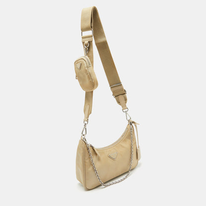 PRADA Cream Nylon and Leather Re-Edition 2005 Baguette Bag