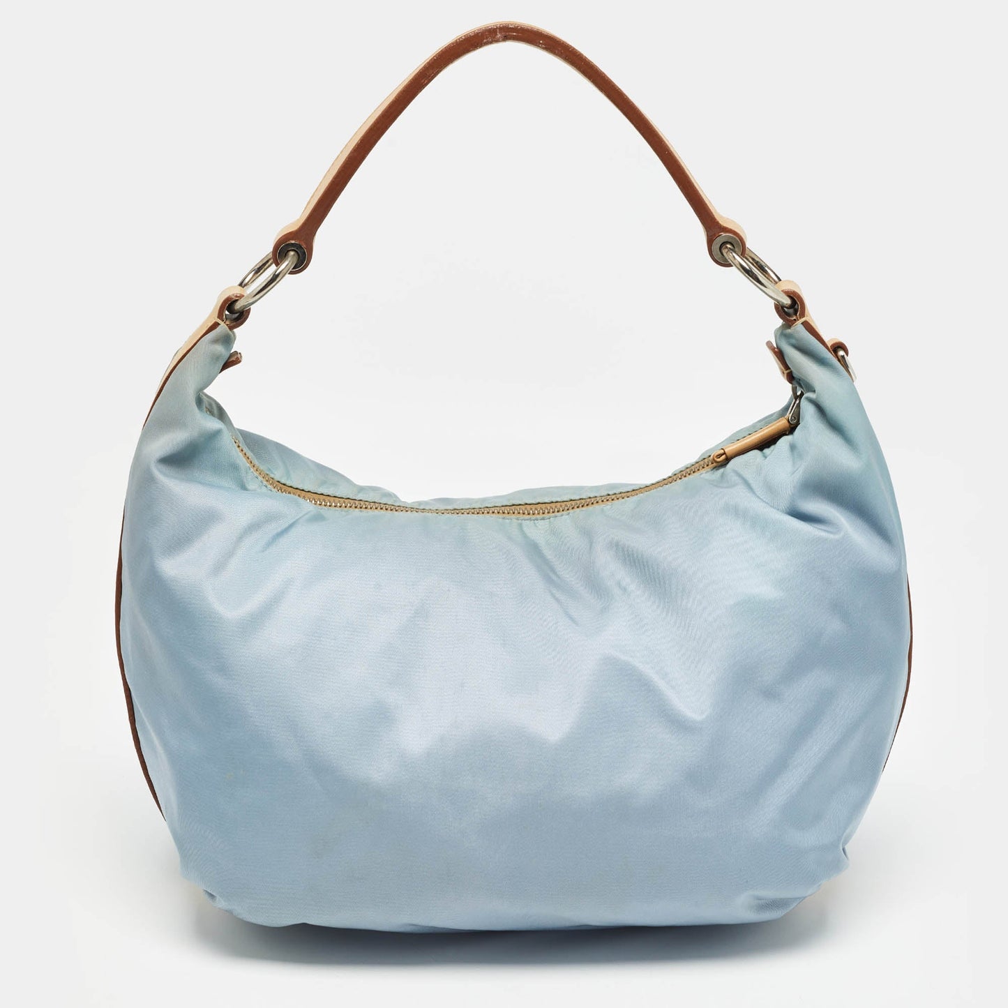 PRADA Light Blue/Beige Tessuto Nylon and Leather Stencil Hobo