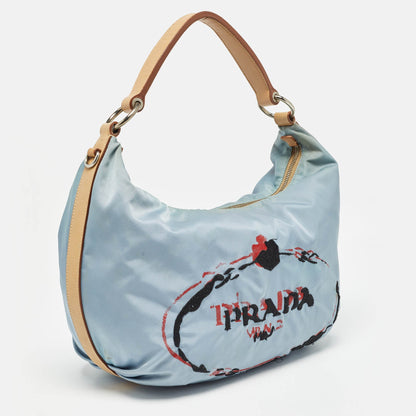 PRADA Light Blue/Beige Tessuto Nylon and Leather Stencil Hobo