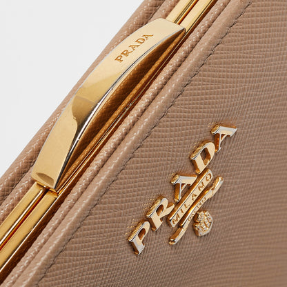 PRADA Beige Saffiano Metal Leather Frame Compact Wallet