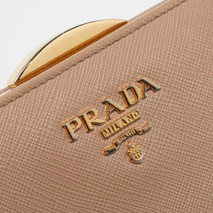 PRADA Beige Saffiano Metal Leather Frame Compact Wallet