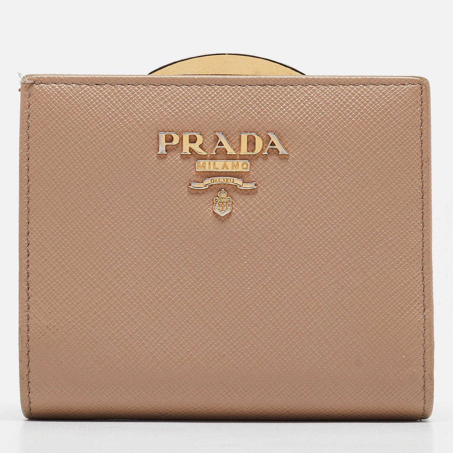 PRADA Beige Saffiano Metal Leather Frame Compact Wallet