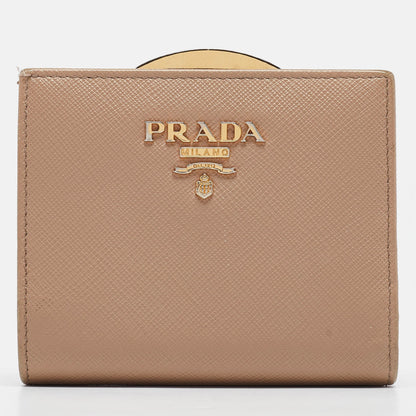 PRADA Beige Saffiano Metal Leather Frame Compact Wallet