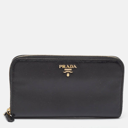 PRADA Black Saffiano Lux Leather Zip Continental Wallet