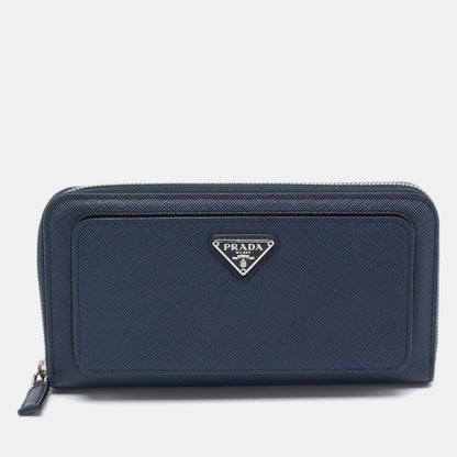 PRADA Navy Blue Saffiano Tech Leather Zip Around Continental Wallet