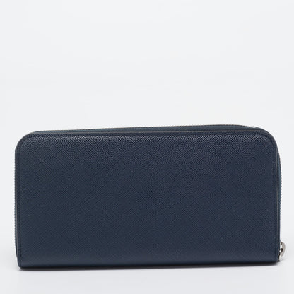 PRADA Navy Blue Saffiano Tech Leather Zip Around Continental Wallet