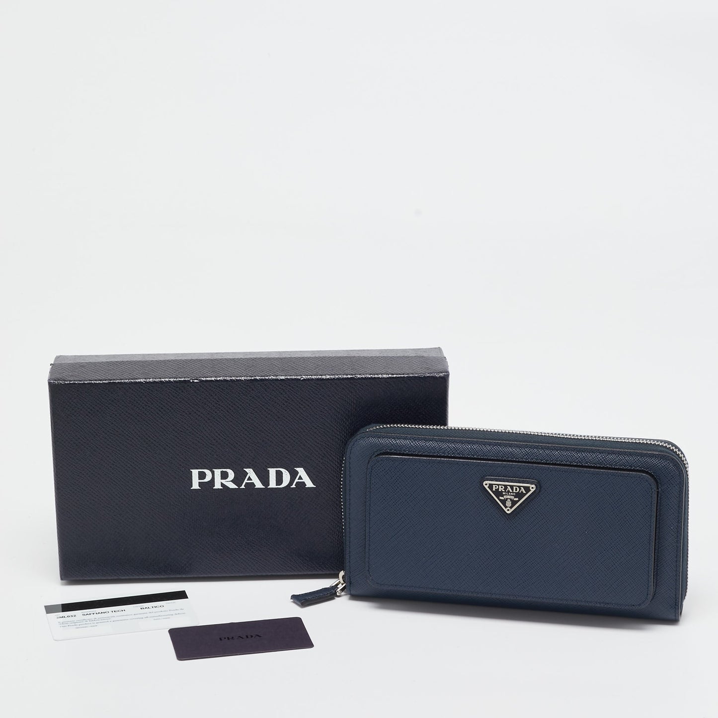 PRADA Navy Blue Saffiano Tech Leather Zip Around Continental Wallet