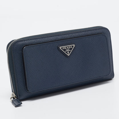 PRADA Navy Blue Saffiano Tech Leather Zip Around Continental Wallet