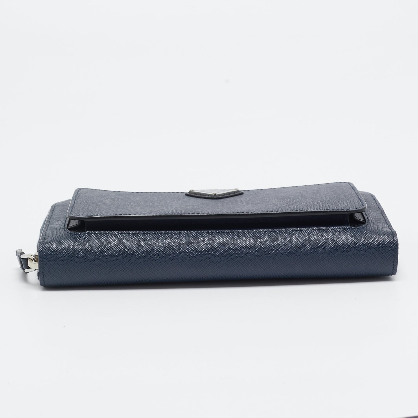 PRADA Navy Blue Saffiano Tech Leather Zip Around Continental Wallet