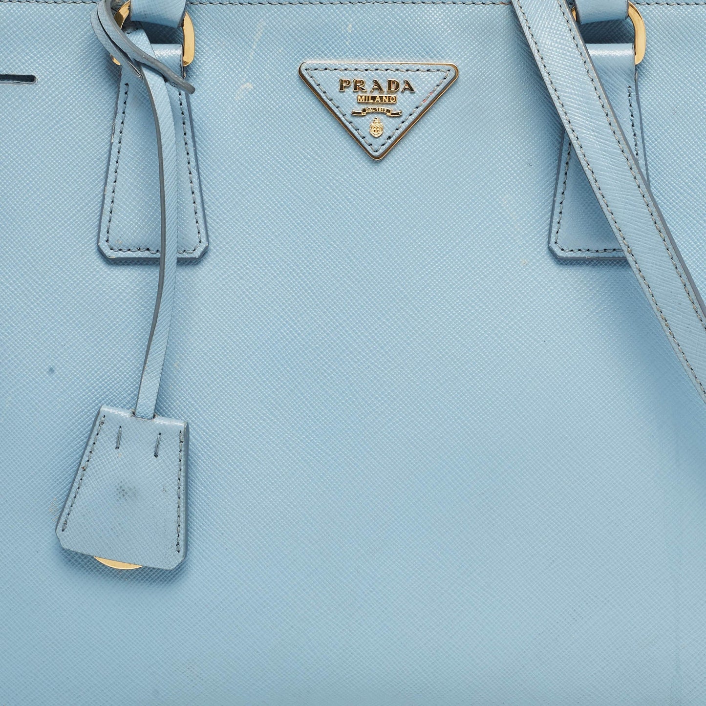 PRADA Light Blue Saffiano Lux Leather Large Double Zip Tote