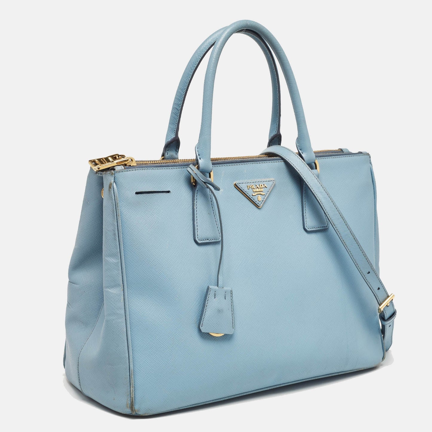 PRADA Light Blue Saffiano Lux Leather Large Double Zip Tote