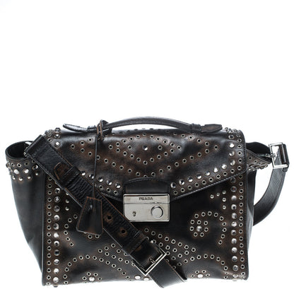 Prada Dark Brown Vitello Vintage Leather Eyelet Crystal Embellished Top Handle Bag