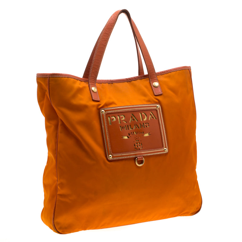 Prada Orange Nylon and Leather Lasercut Logo Tote