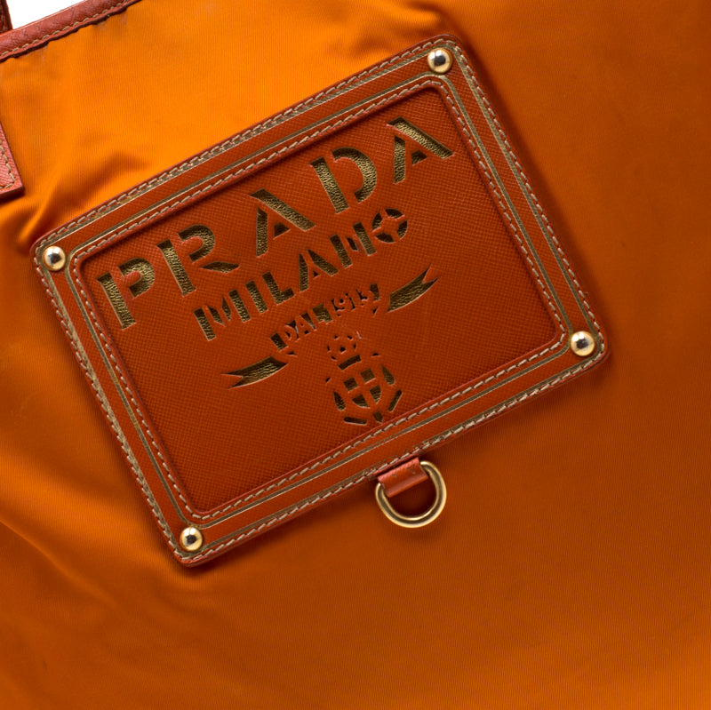 Prada Orange Nylon and Leather Lasercut Logo Tote