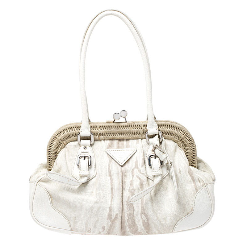 Prada Beige/Cream Canvas and Leather Kiss Lock Satchel