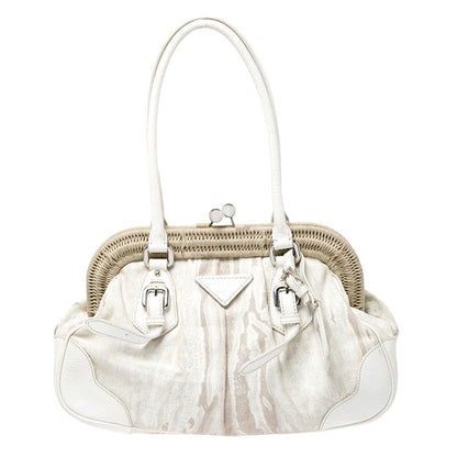 Prada Beige/Cream Canvas and Leather Kiss Lock Satchel