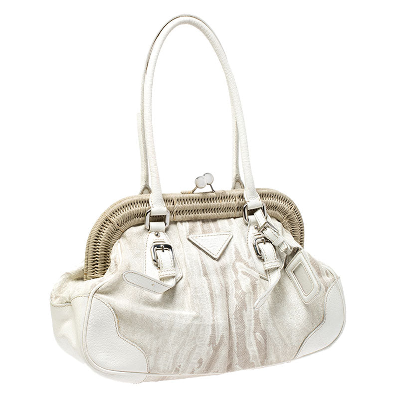 Prada Beige/Cream Canvas and Leather Kiss Lock Satchel