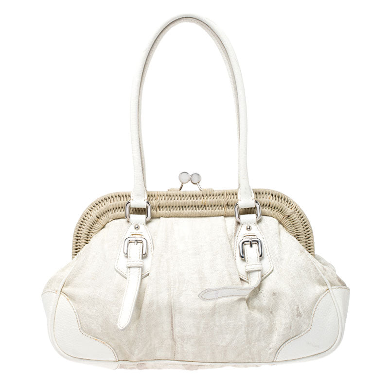 Prada Beige/Cream Canvas and Leather Kiss Lock Satchel