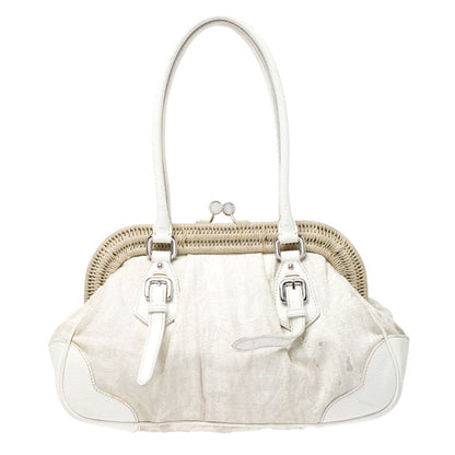 Prada Beige/Cream Canvas and Leather Kiss Lock Satchel