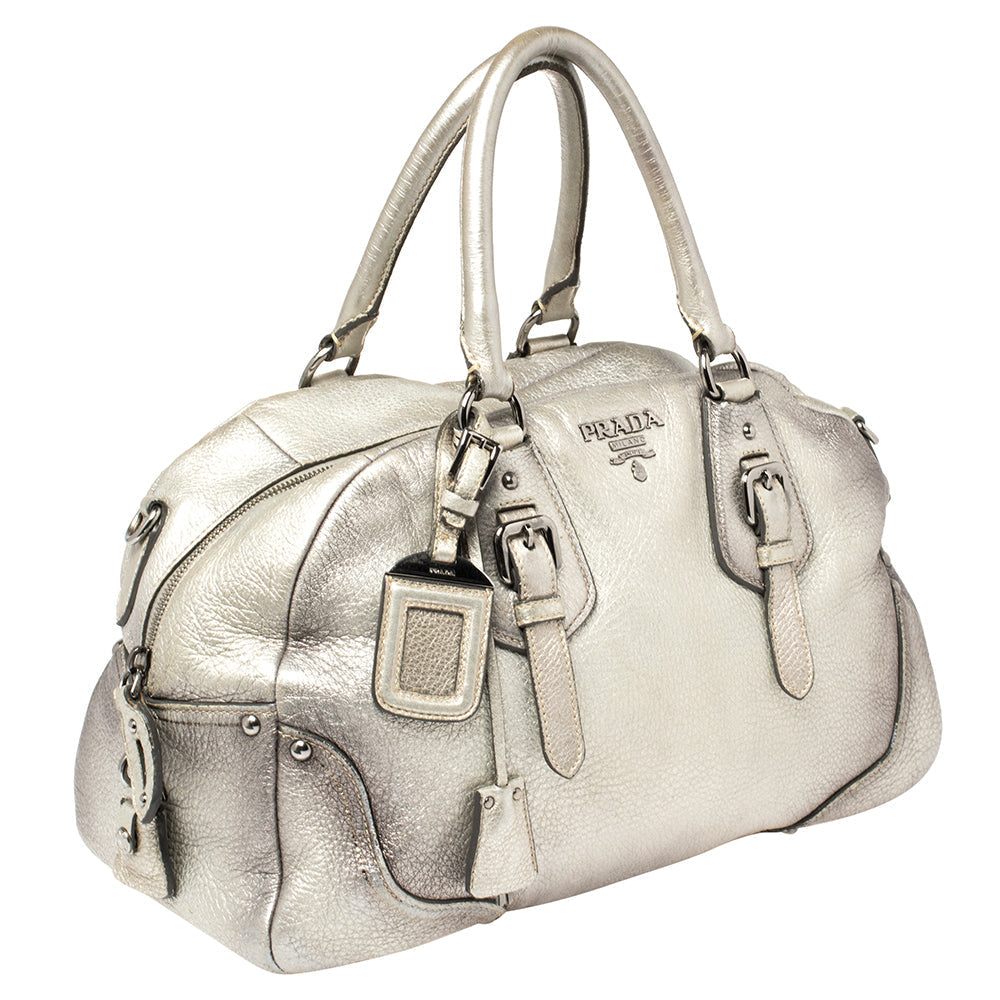 Prada Metallic Silver Cervo Antik Leather Bauletto Bag