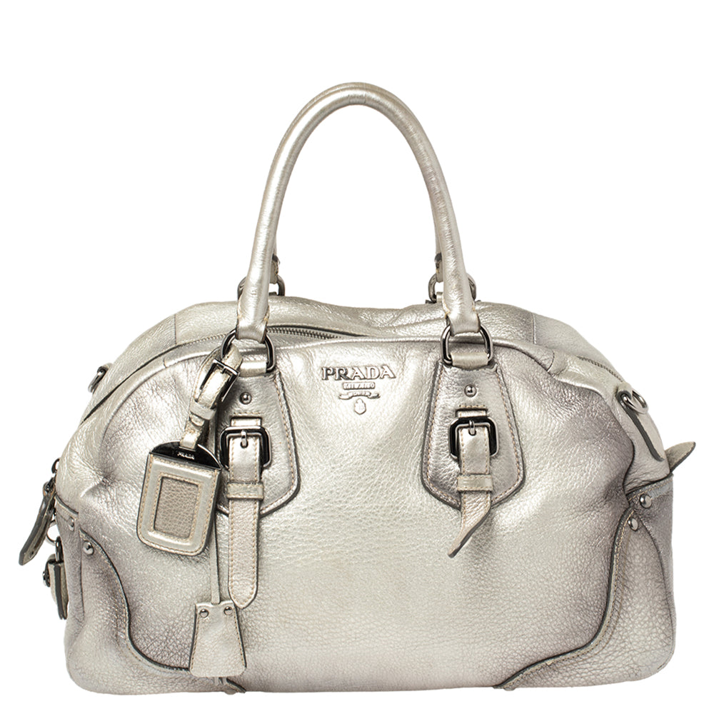 Prada Metallic Silver Cervo Antik Leather Bauletto Bag