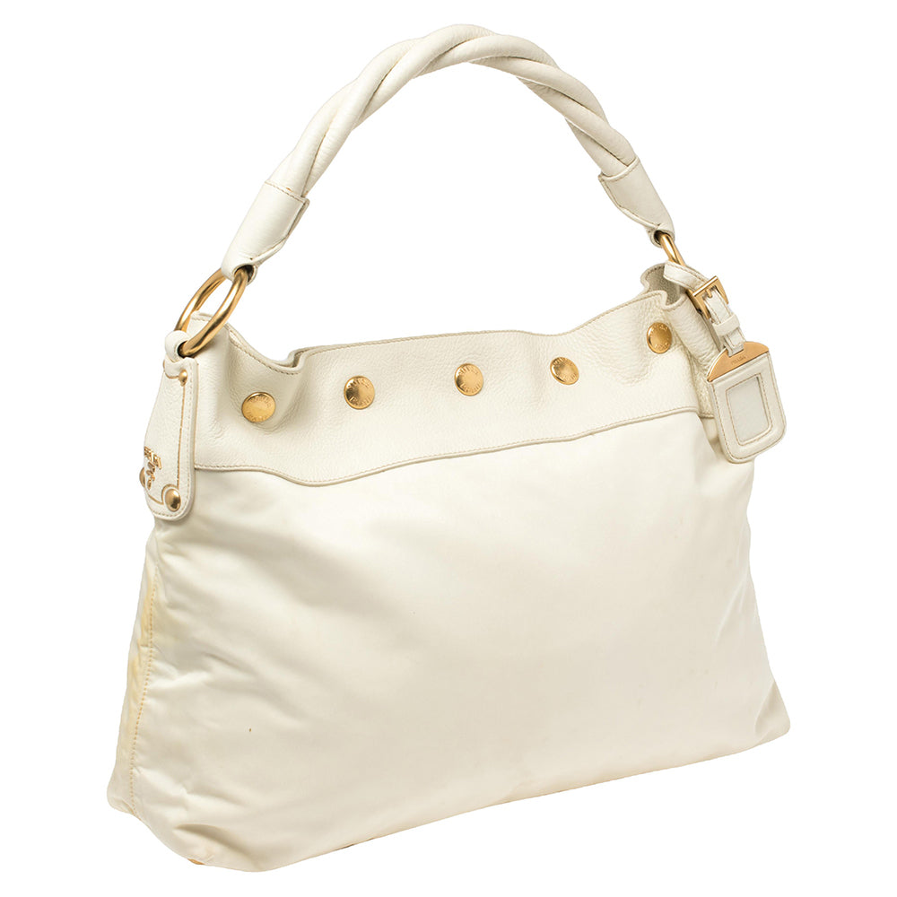 Prada White Nylon and Leather Braided Handle Hobo