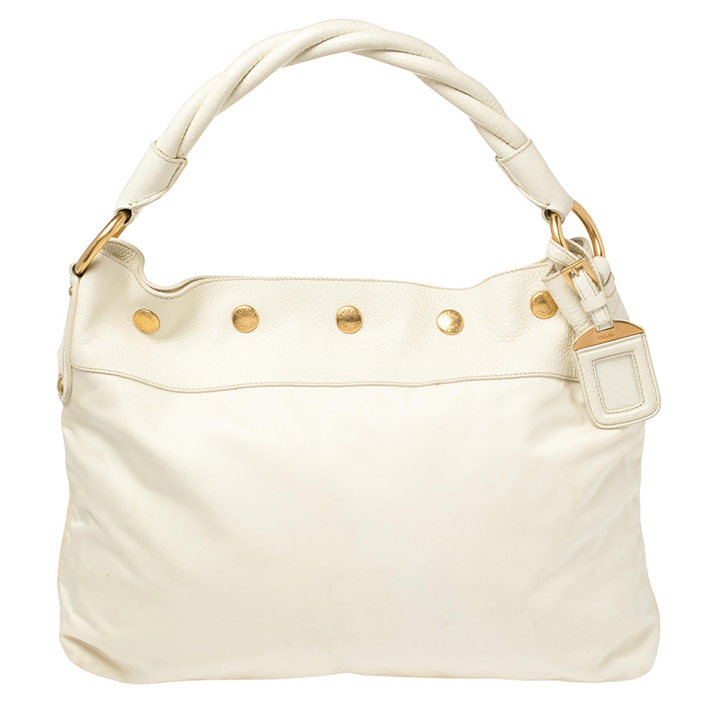 Prada White Nylon and Leather Braided Handle Hobo