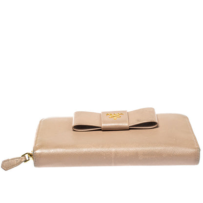 Prada Beige Saffiano Leather Bow Zip Around Wallet