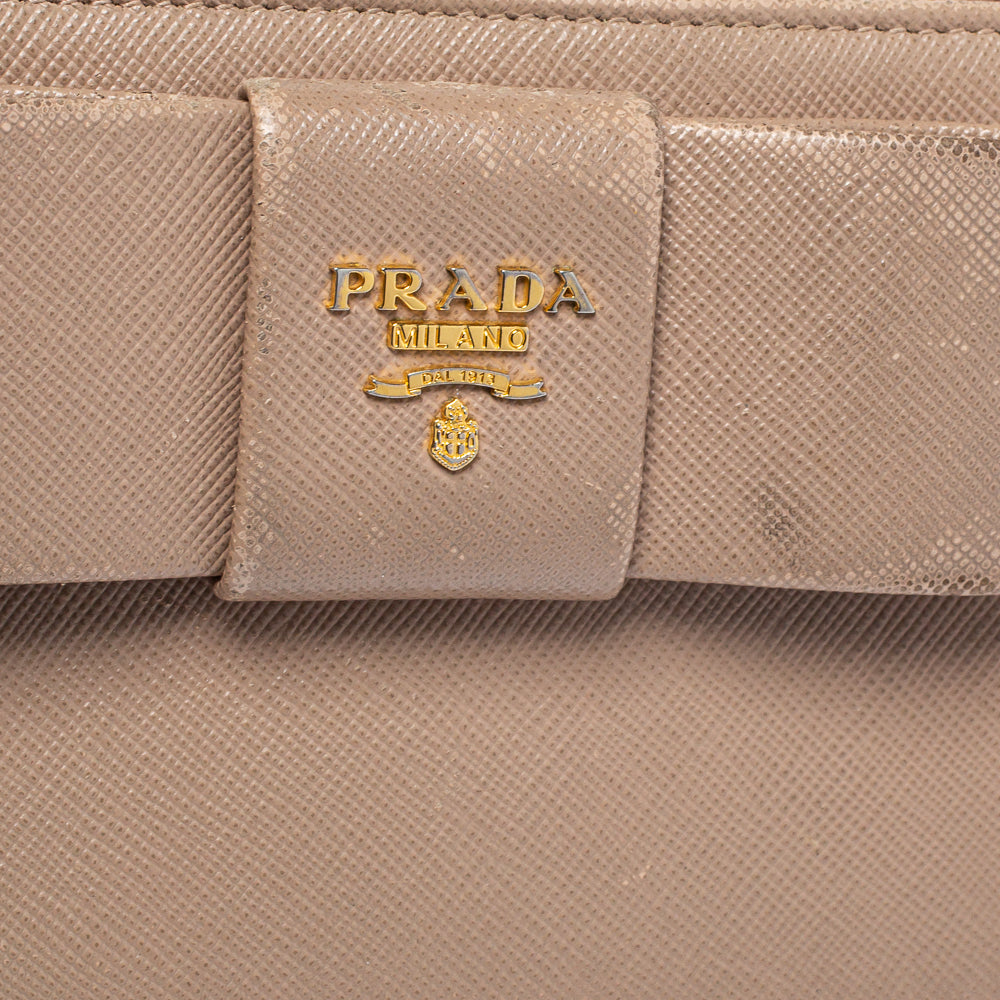 Prada Beige Saffiano Leather Bow Zip Around Wallet