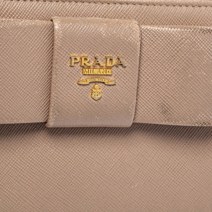 Prada Beige Saffiano Leather Bow Zip Around Wallet