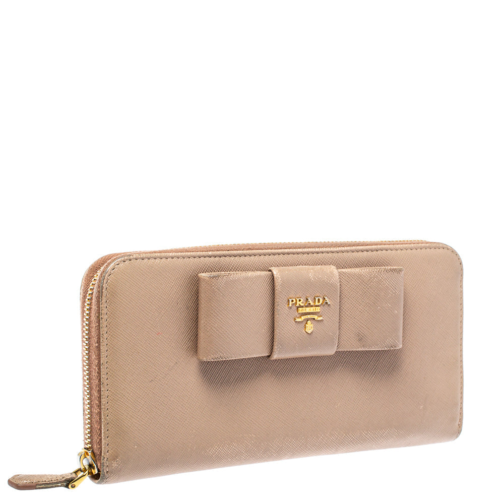 Prada Beige Saffiano Leather Bow Zip Around Wallet