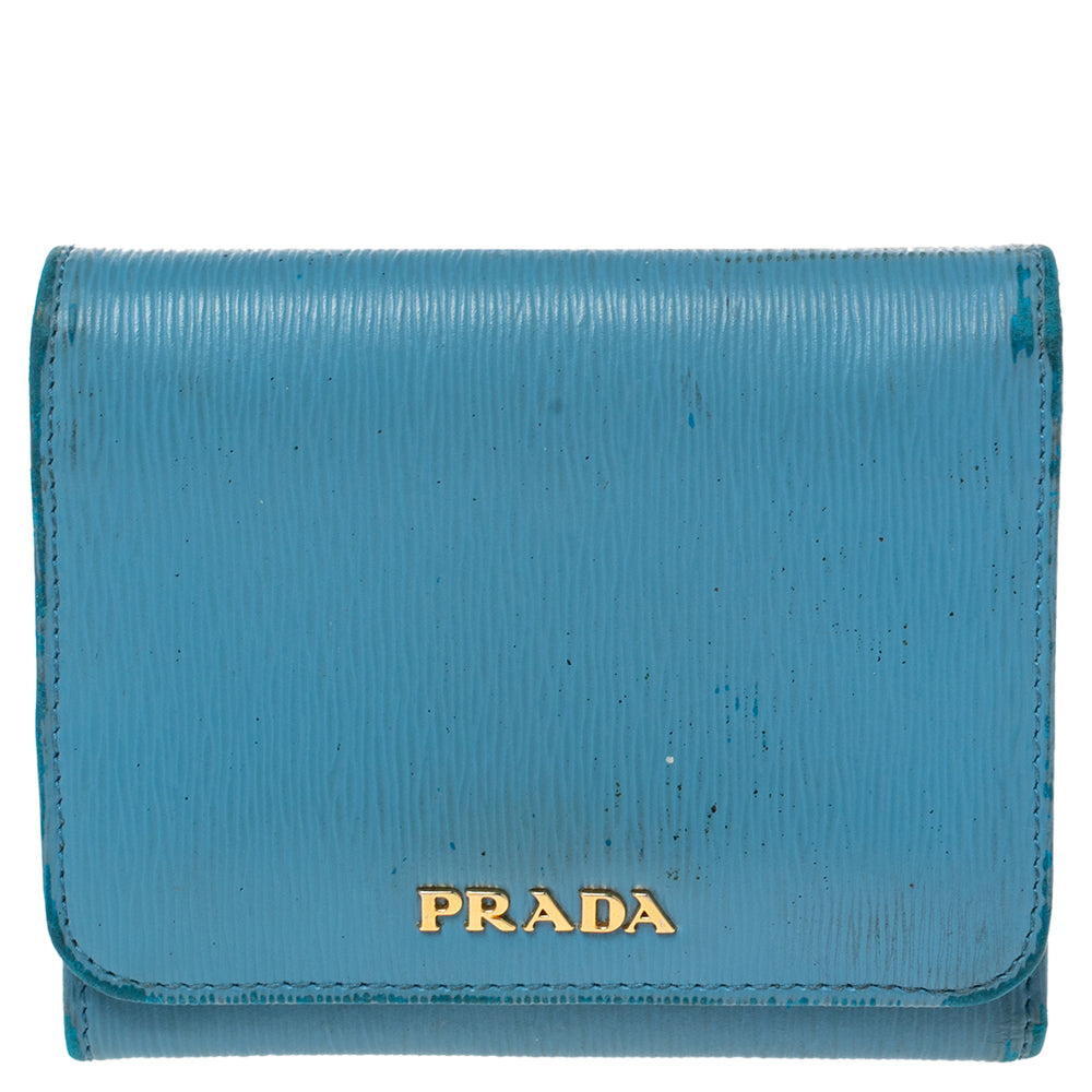 PRADA Blue Vittello Move Leather Trifold Wallet