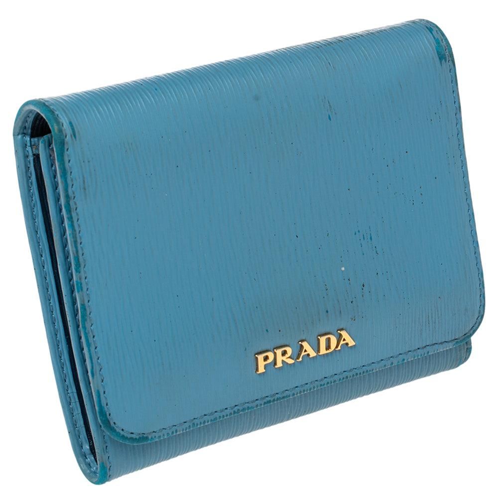 PRADA Blue Vittello Move Leather Trifold Wallet