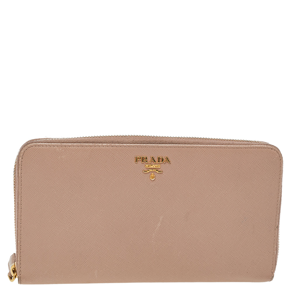 Prada Cream Saffiano Leather Zip Around Wallet