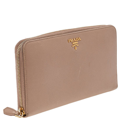 Prada Cream Saffiano Leather Zip Around Wallet