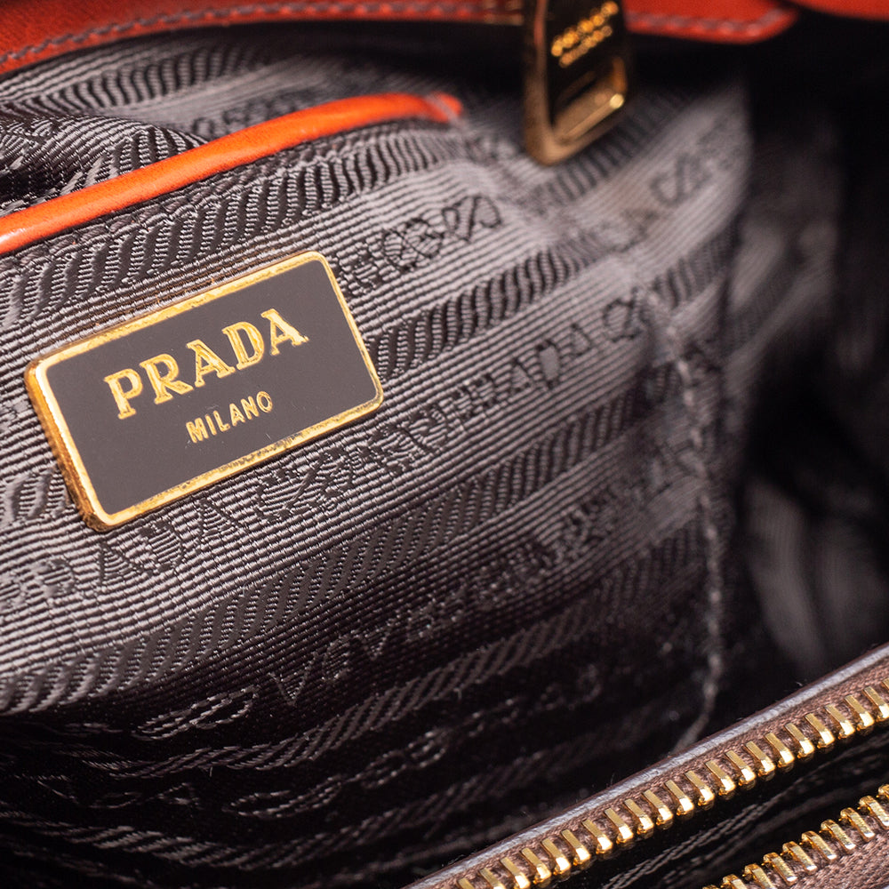 Prada Arancio Spazzolato Leather Large Fume Double Zip Tote