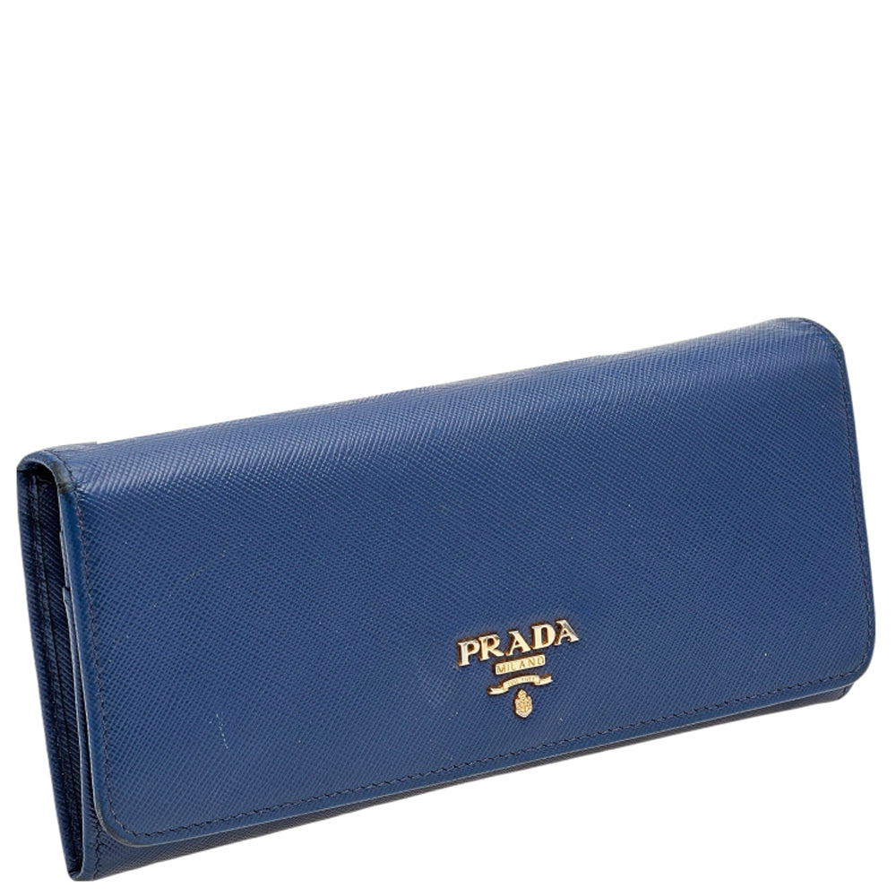 Prada Blue Saffiano Metal Leather Flap Continental Wallet