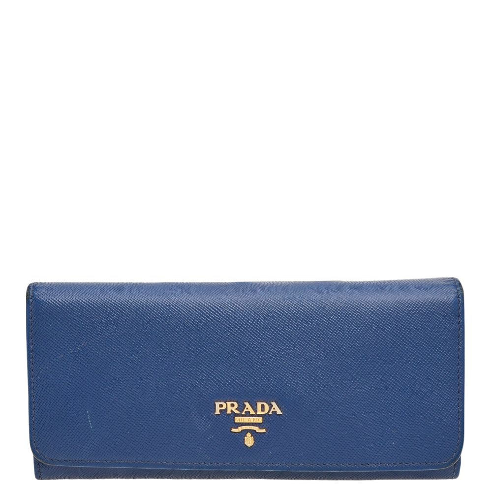 Prada Blue Saffiano Metal Leather Flap Continental Wallet