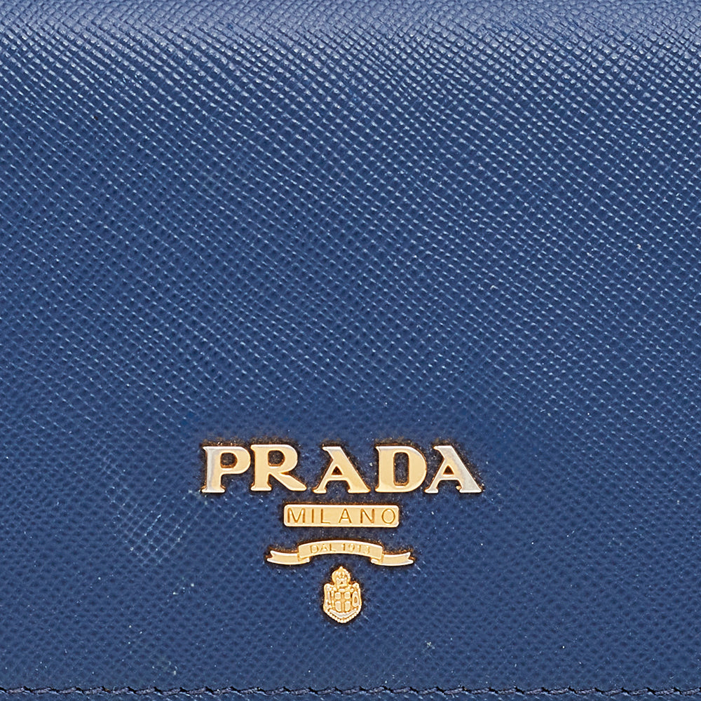 Prada Blue Saffiano Metal Leather Flap Continental Wallet